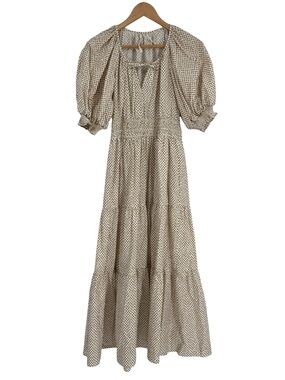 Anthropologie The Somerset Maxi Dress Puff-Sleeve  Tan Size M Cotton Tiered